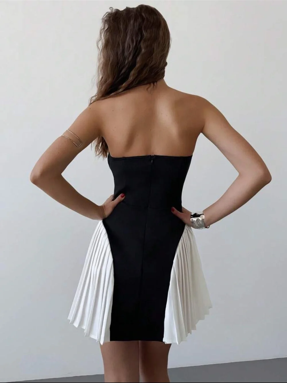 Strapless Black & White Pleated Mini Dress - Picture 2 of 6